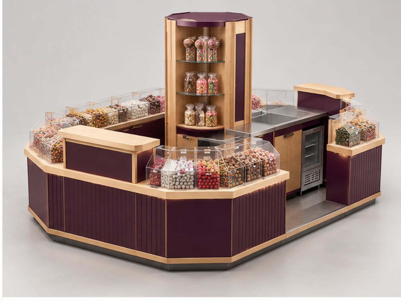 Island Sweet Kiosk with Multi-Side Merchandising opposite angle showing overall kiosk layout