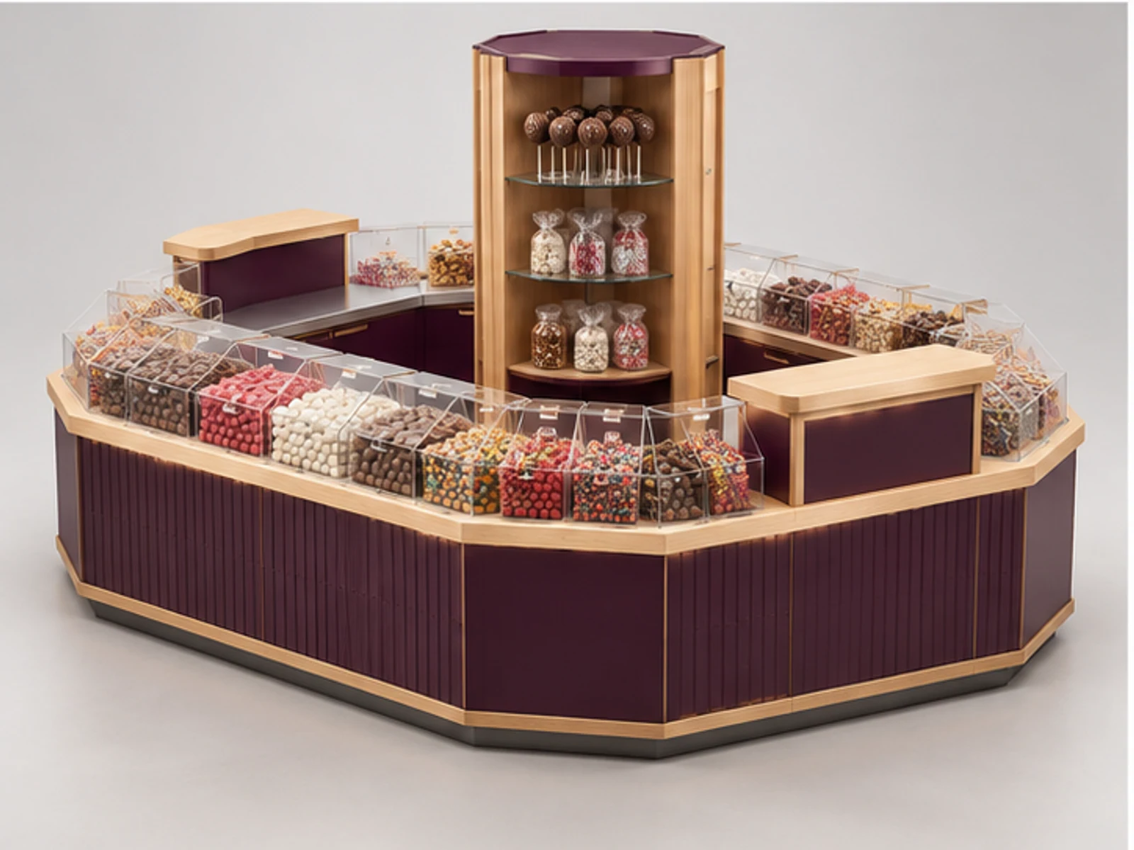 Island Sweet Kiosk with Multi-Side Merchandising customer-facing display and service counter