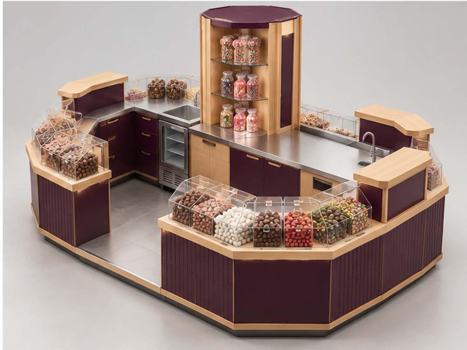 Island Sweet Kiosk with Multi-Side Merchandising staff-side equipment and storage layout