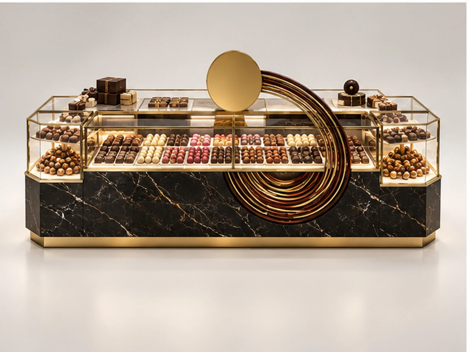 Luxury Confectionery Kiosk with Glass Displays customer-facing display and service counter