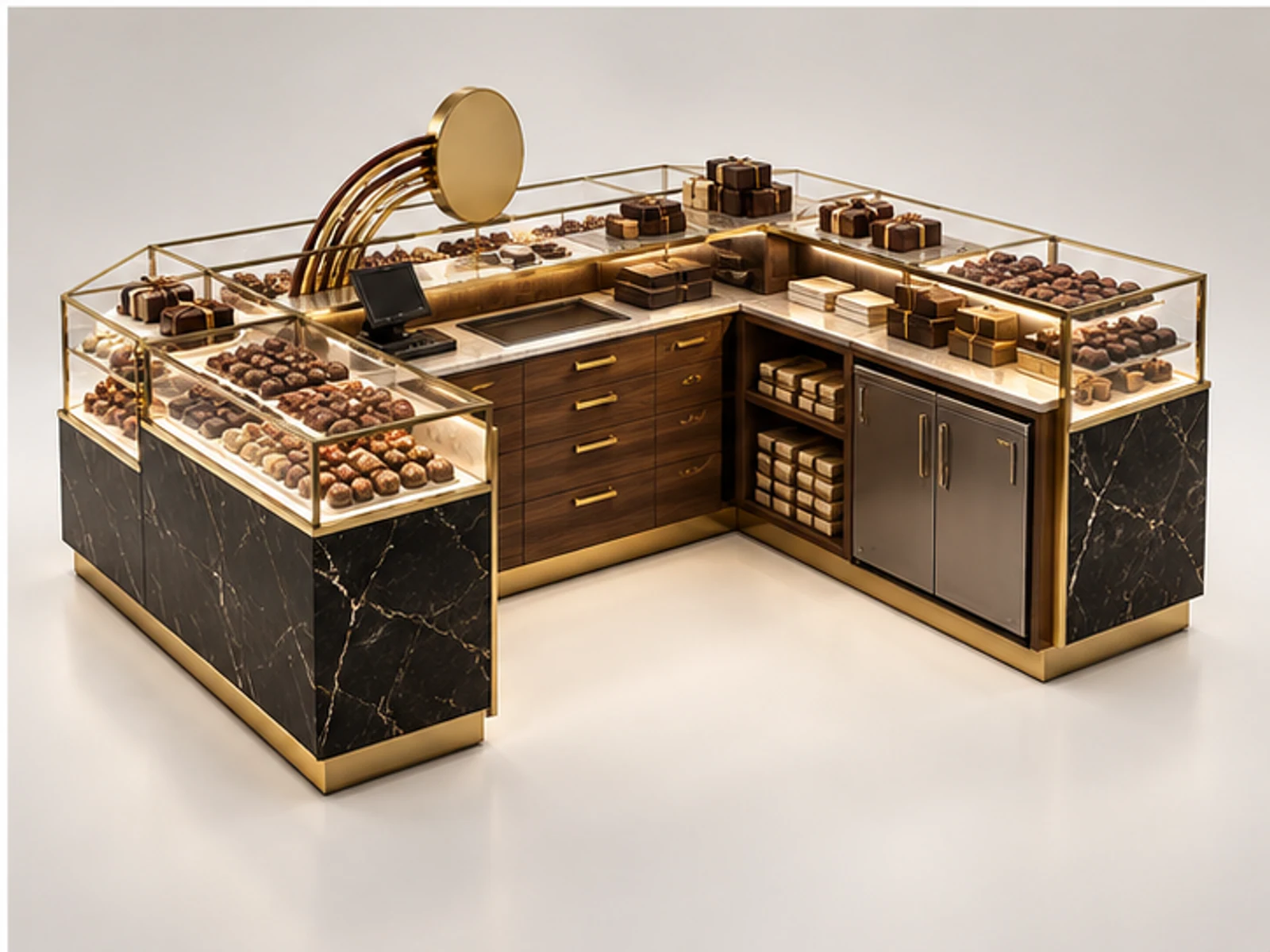 Luxury Confectionery Kiosk with Glass Displays staff-side equipment and storage layout