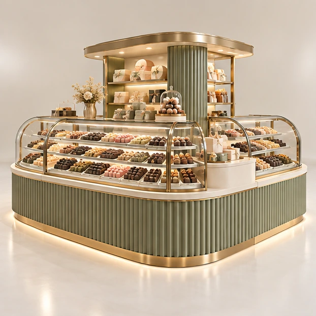 Luxury Sweet Kiosk with Curved Glass Confectionery Cases main three-quarter product rendering
