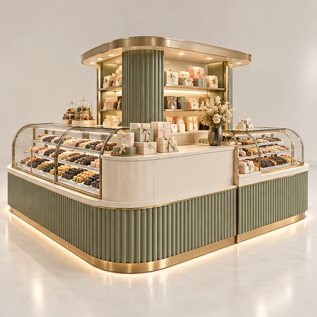 Luxury Sweet Kiosk with Curved Glass Confectionery Cases opposite angle showing its complete footprint and display layout