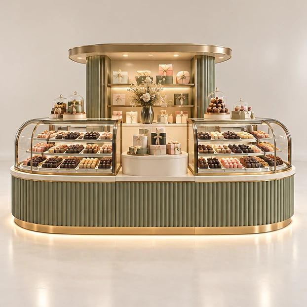 Luxury Sweet Kiosk with Curved Glass Confectionery Cases customer-facing service and display view
