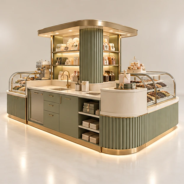 Luxury Sweet Kiosk with Curved Glass Confectionery Cases operator-side equipment, access, and storage view