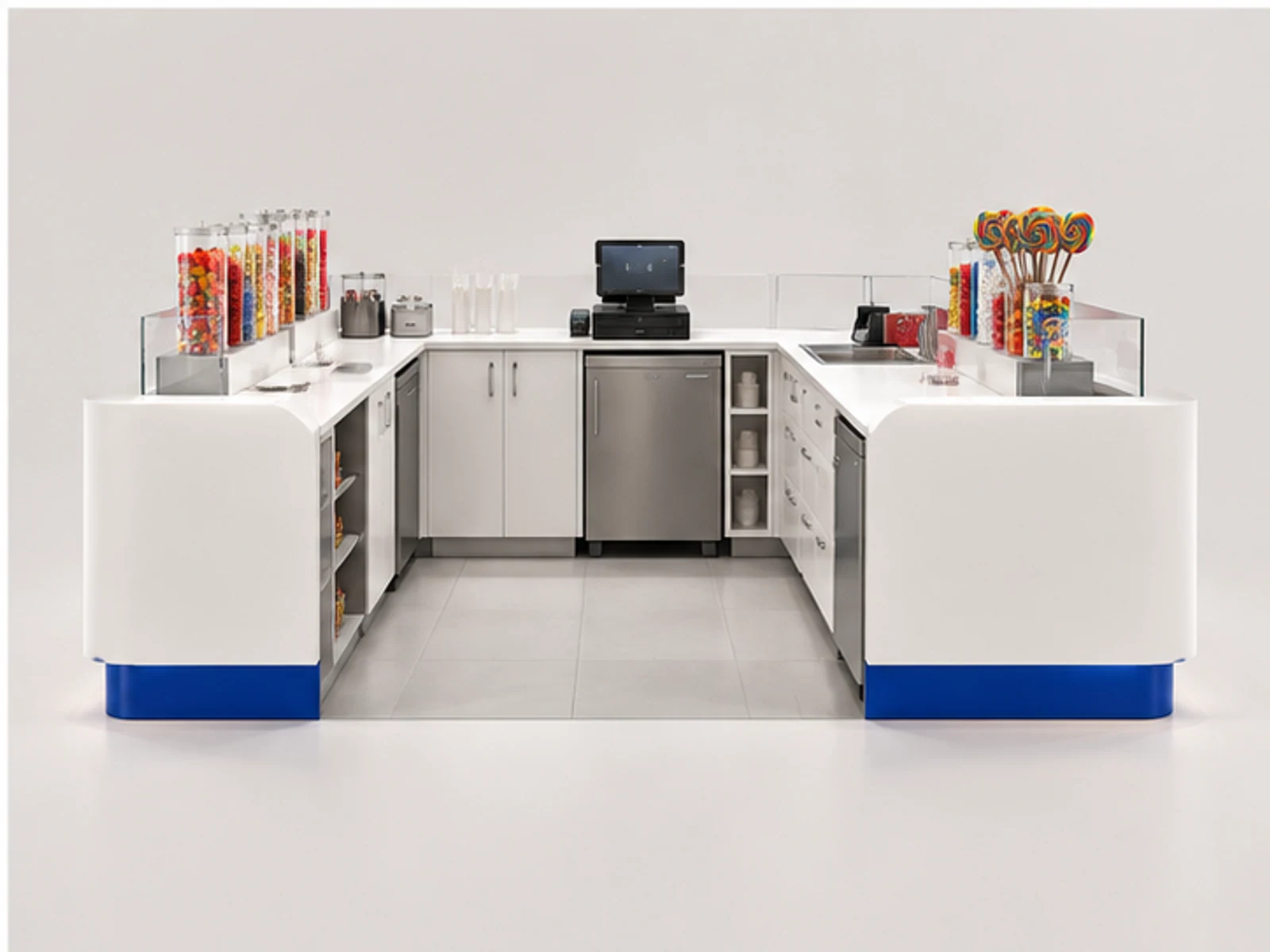 Modern Candy and Sweet Kiosk for Shopping Malls staff-side equipment and storage layout