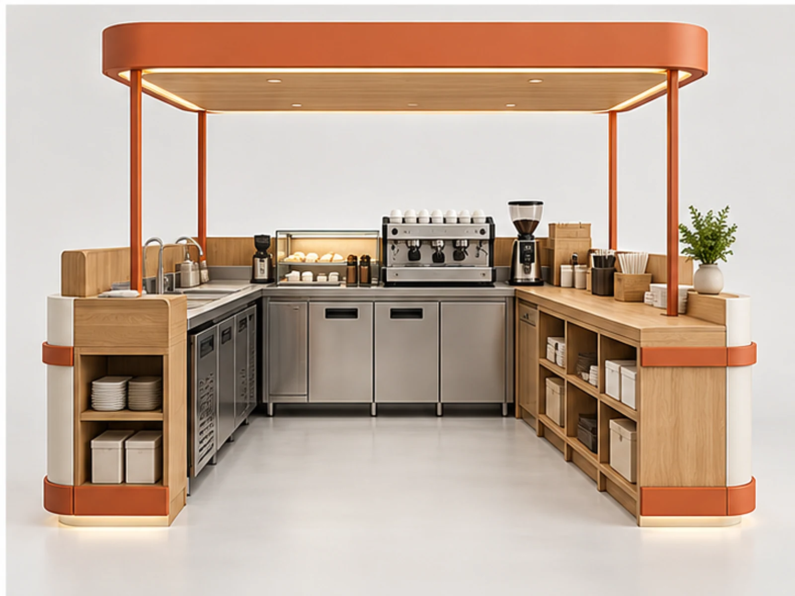 Modular Sweet Kiosk for Franchise Rollout staff-side equipment and storage layout