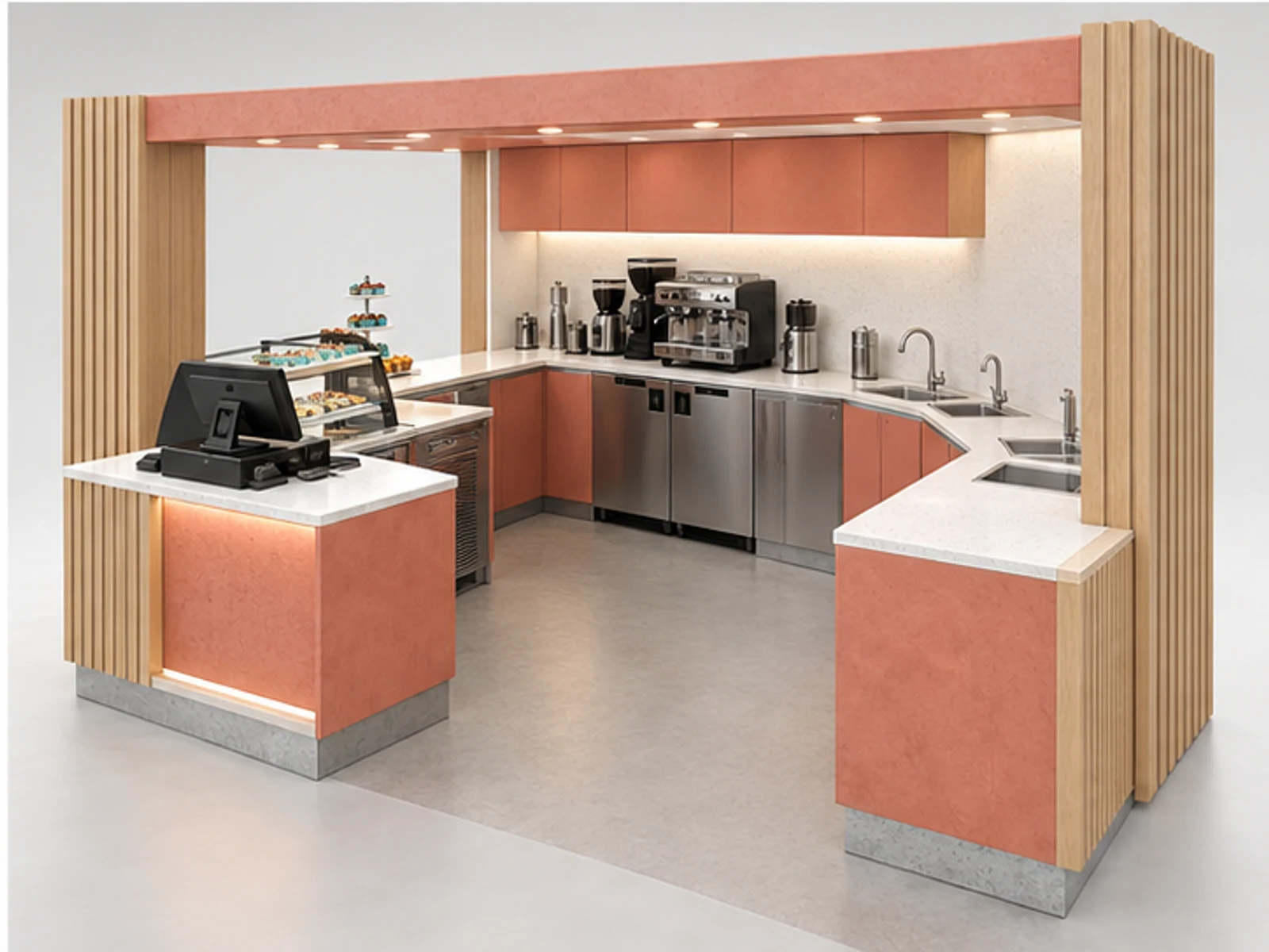 Open Sweet Shop Booth with Sampling Counter staff-side equipment and storage layout