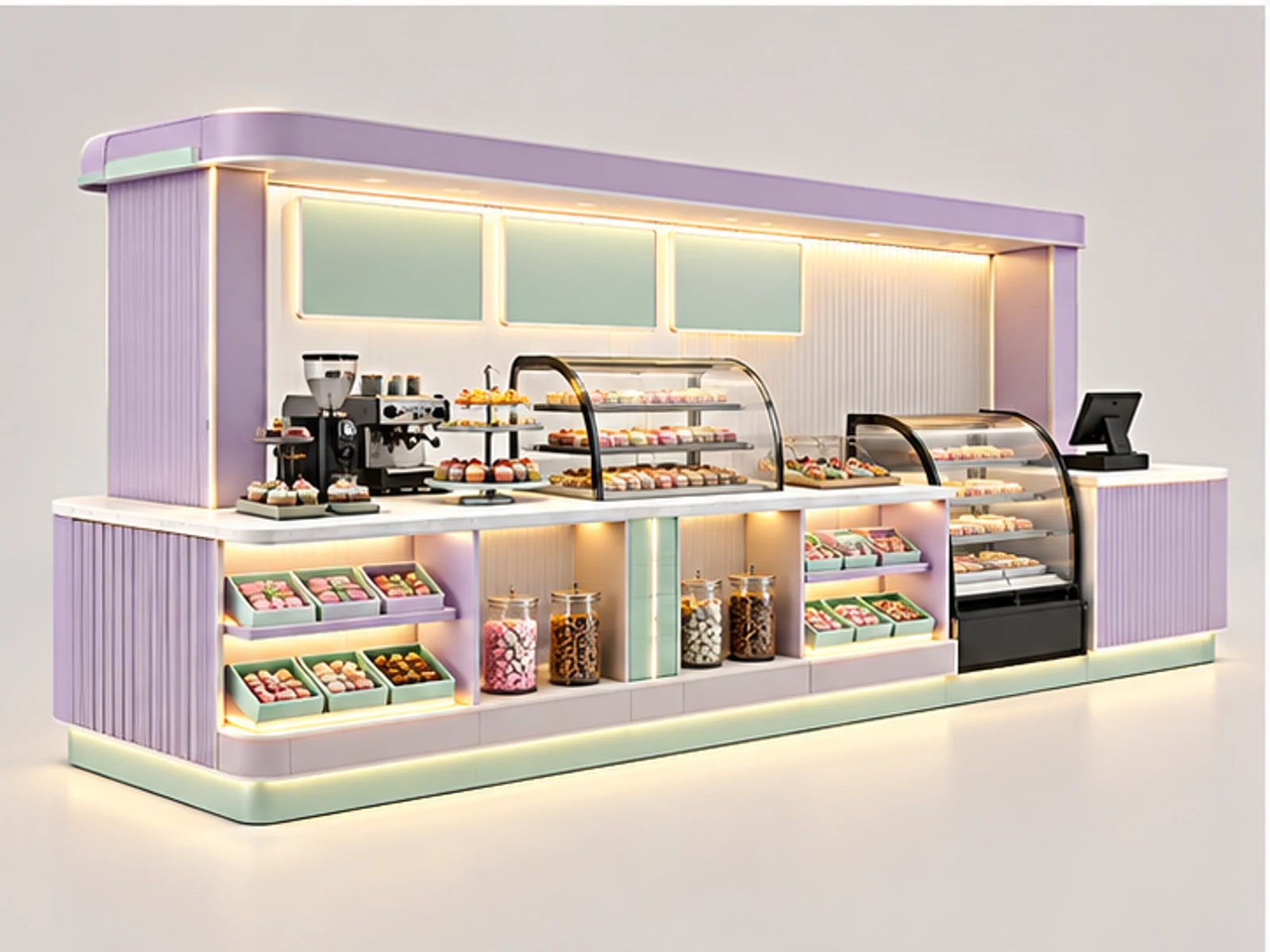 Pastel Sweet Kiosk with LED Shelving customer-facing display and service counter