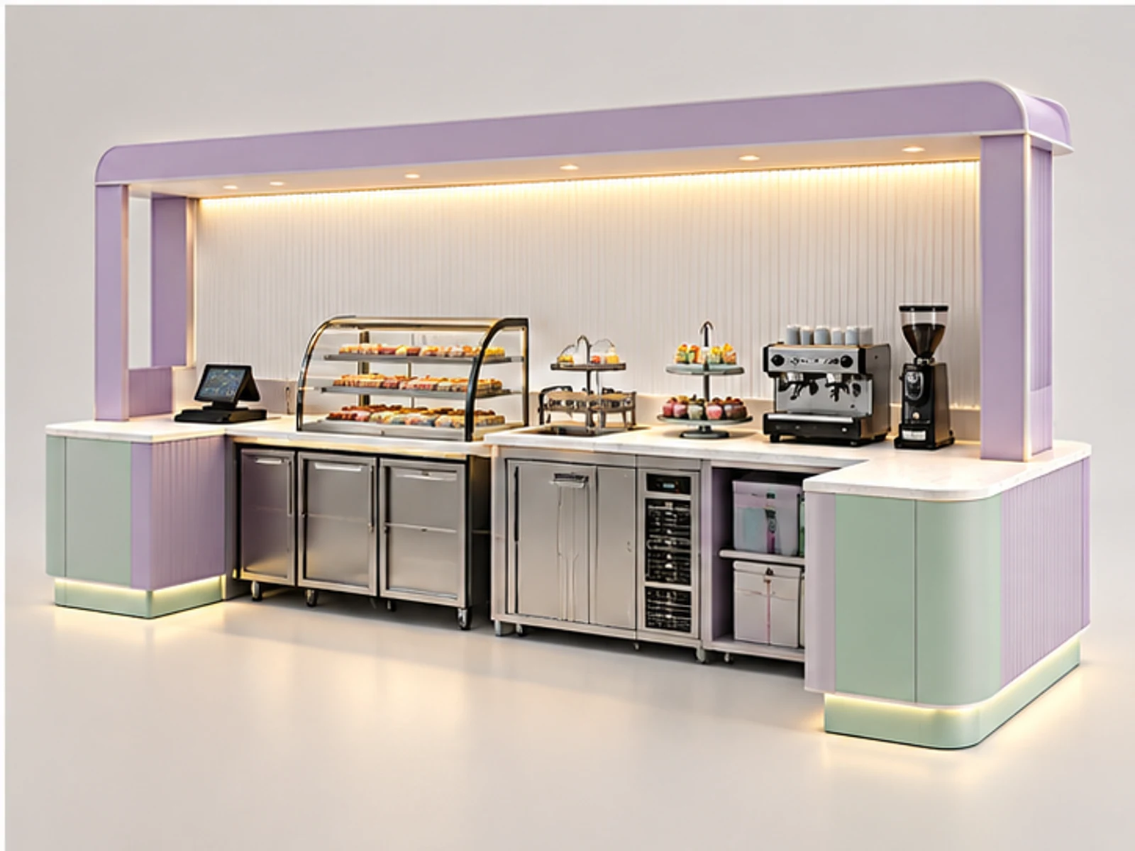 Pastel Sweet Kiosk with LED Shelving staff-side equipment and storage layout