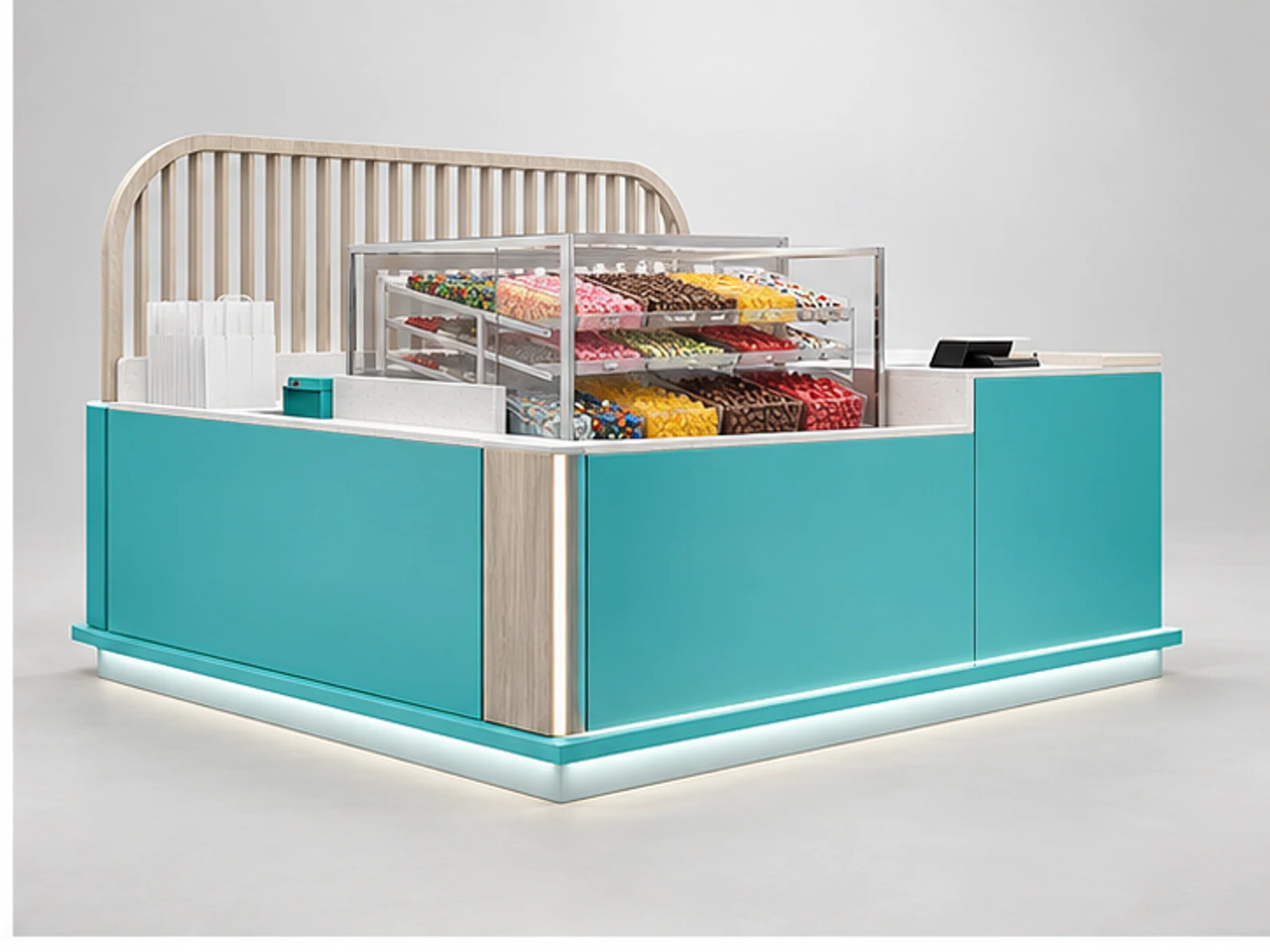 Pick-and-Mix Kiosk with Food-Safe Acrylic Bins opposite angle showing overall kiosk layout