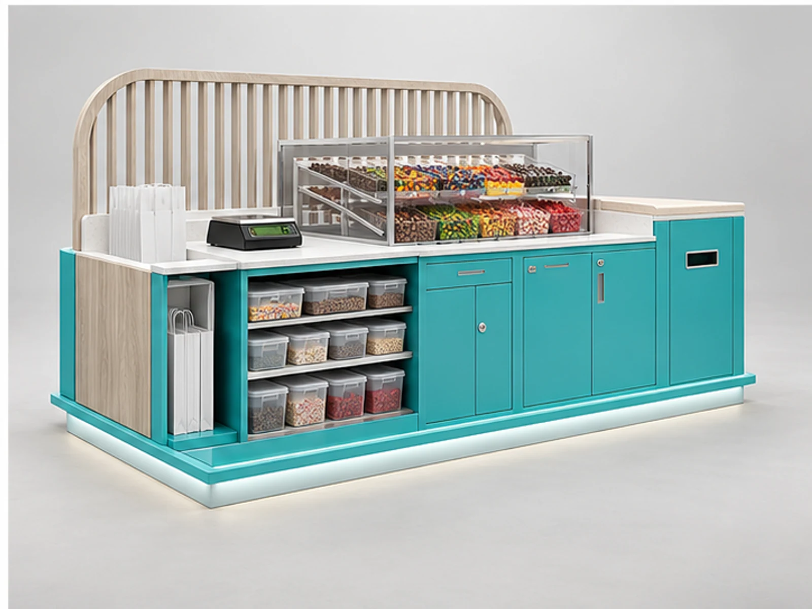 Pick-and-Mix Kiosk with Food-Safe Acrylic Bins staff-side equipment and storage layout
