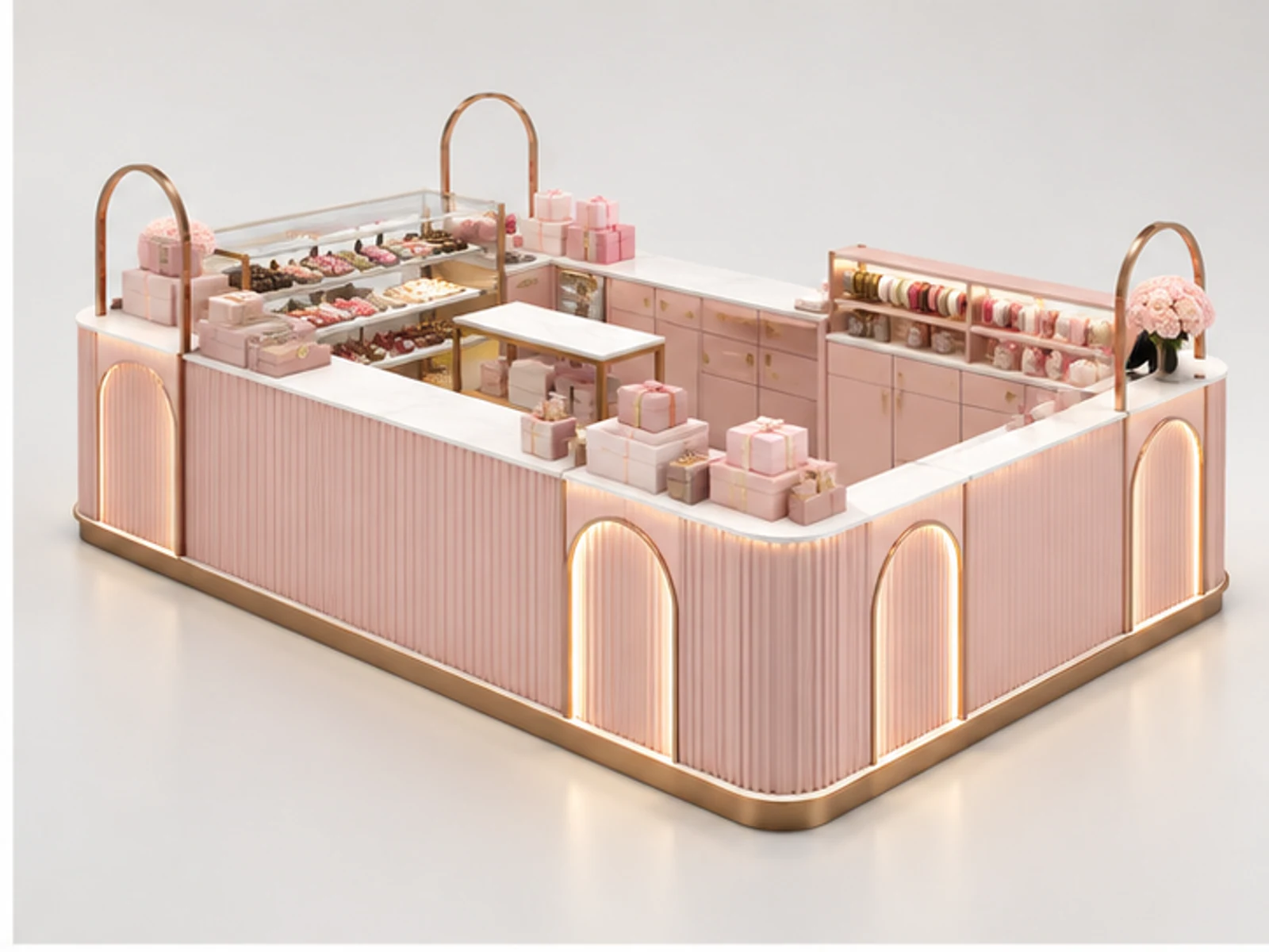 Pink Sweet Kiosk with Gift Packaging Counter opposite angle showing overall kiosk layout