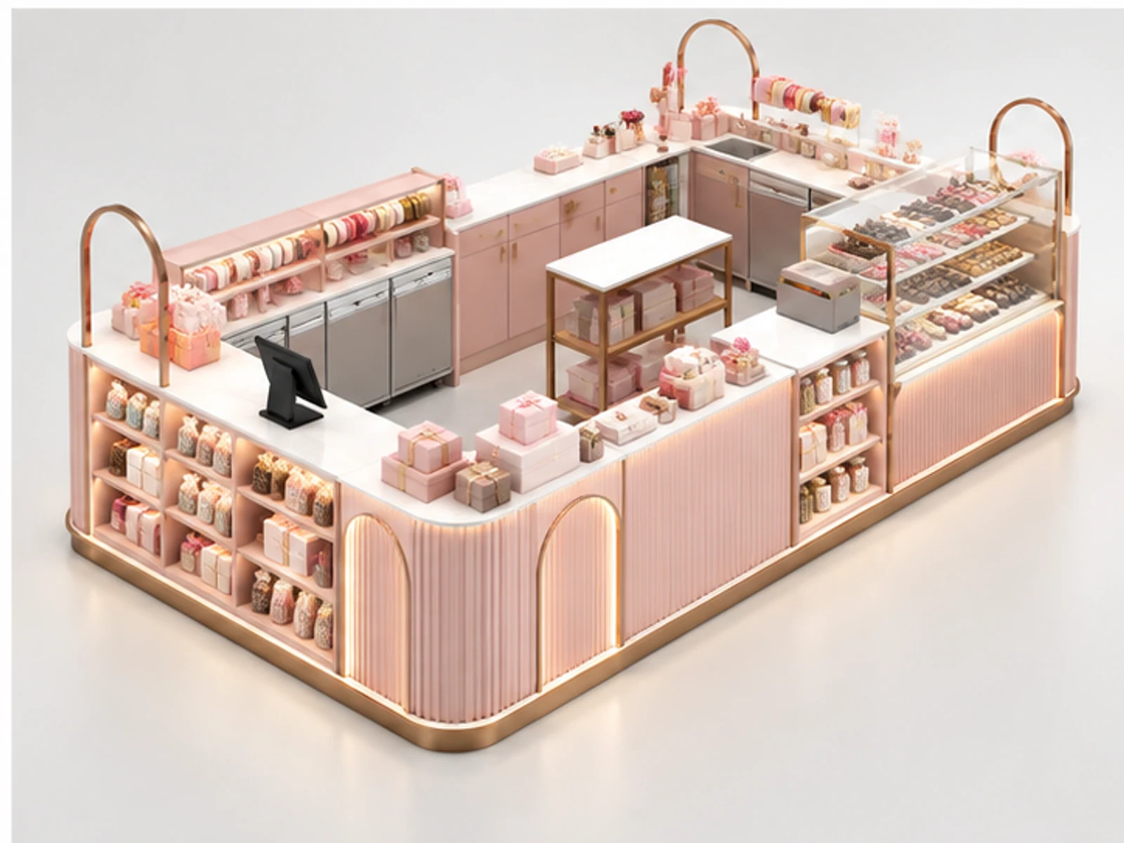 Pink Sweet Kiosk with Gift Packaging Counter staff-side equipment and storage layout