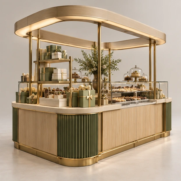 Premium Chocolate and Patisserie Kiosk with Brass Details opposite angle showing its complete footprint and display layout