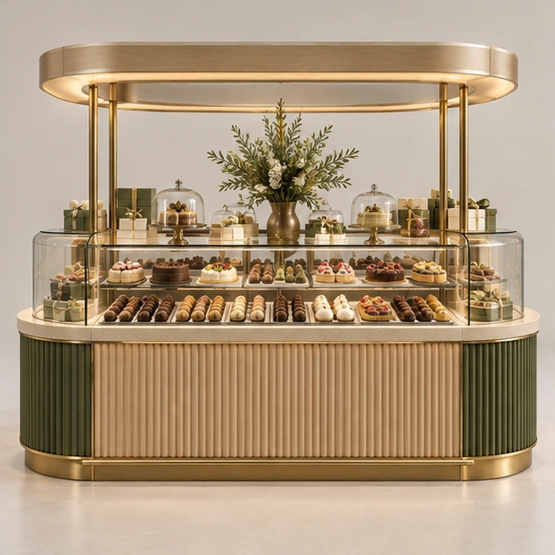 Premium Chocolate and Patisserie Kiosk with Brass Details customer-facing service and display view