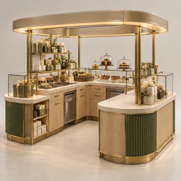 Premium Chocolate and Patisserie Kiosk with Brass Details operator-side equipment, access, and storage view