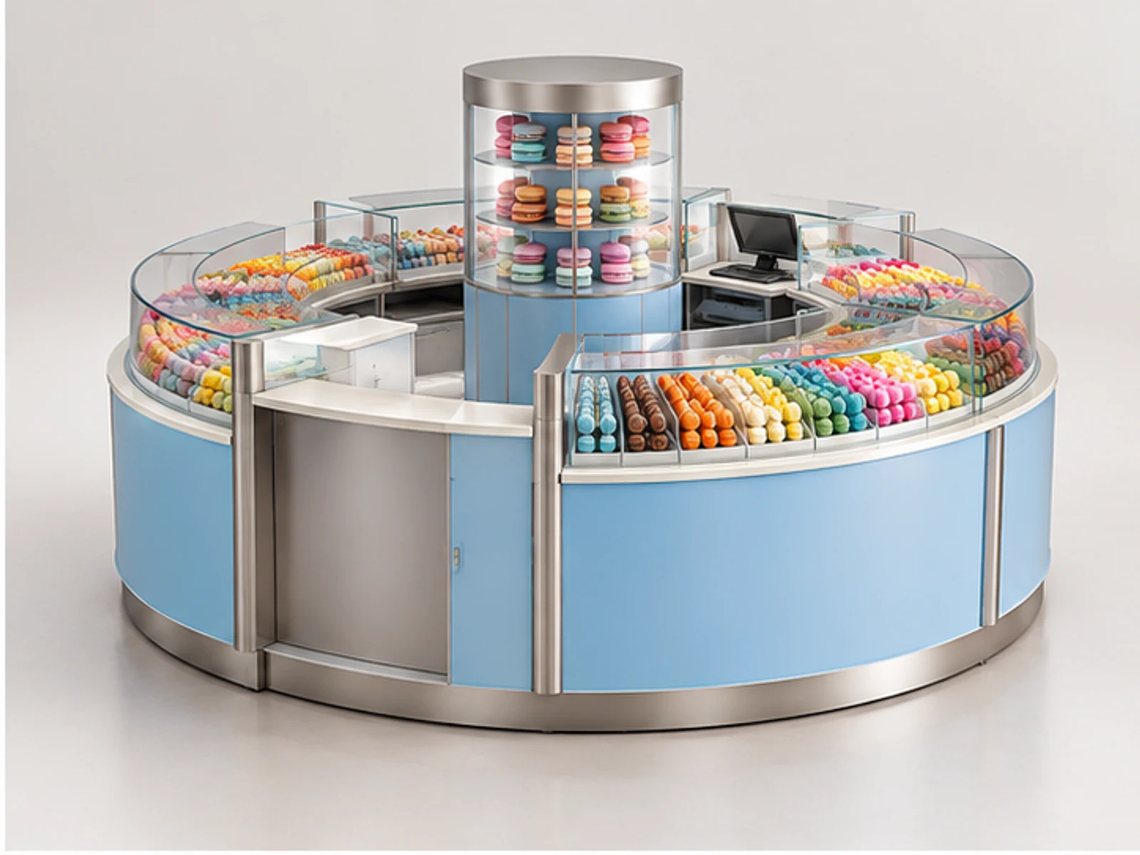Round Confectionery Kiosk with Clear Display Bins opposite angle showing overall kiosk layout