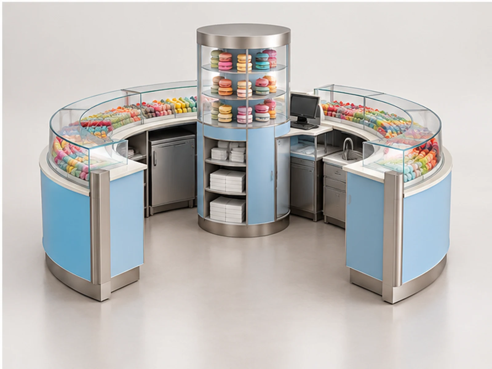Round Confectionery Kiosk with Clear Display Bins staff-side equipment and storage layout