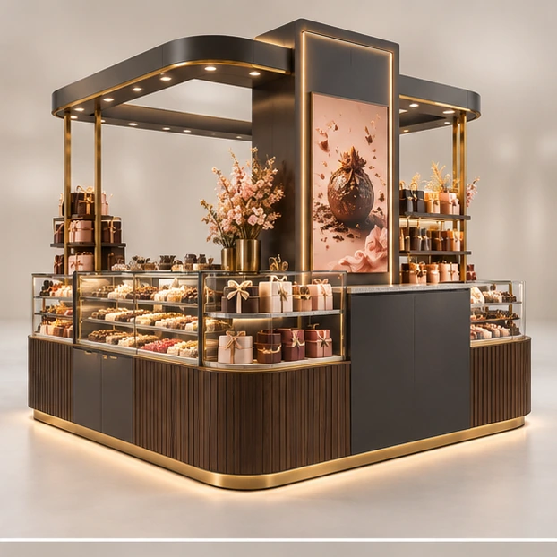 Seasonal Sweet Kiosk with Changeable Campaign Panels opposite angle showing its complete footprint and display layout