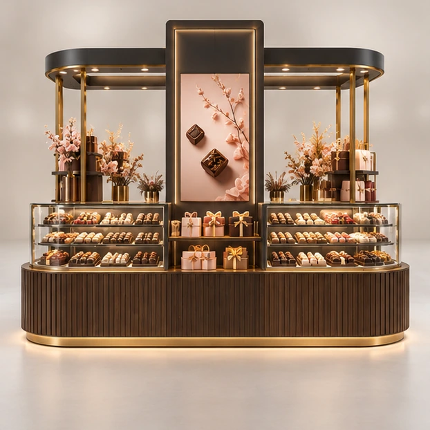Seasonal Sweet Kiosk with Changeable Campaign Panels customer-facing service and display view