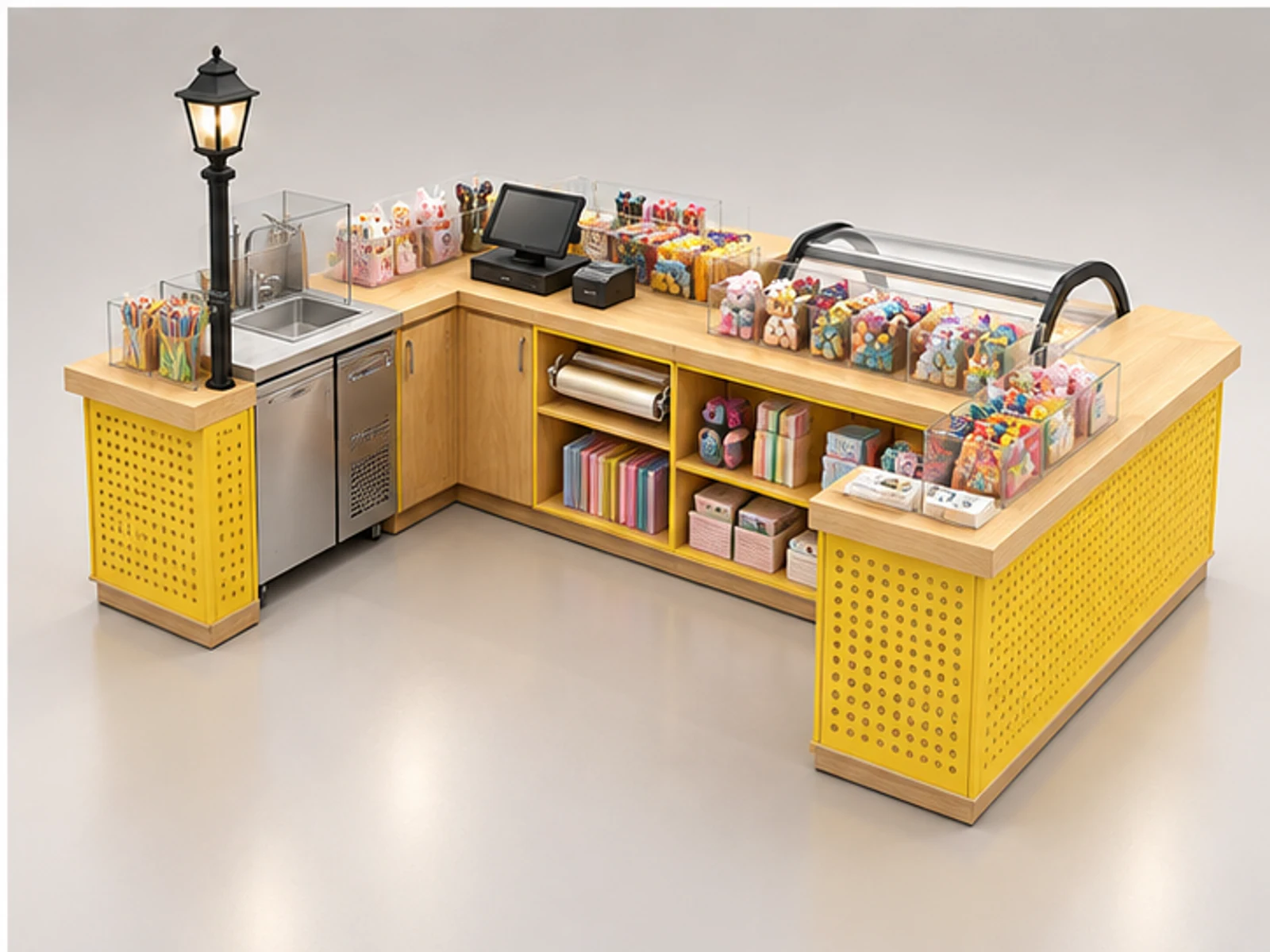 Small Sweet Counter with Novelty Gift Display staff-side equipment and storage layout