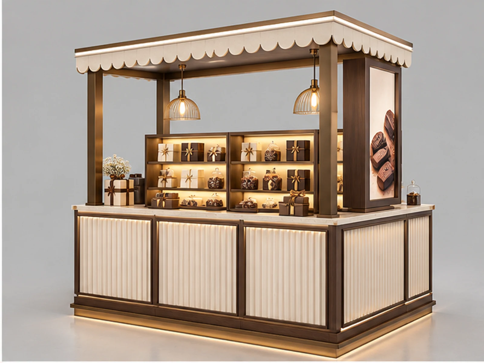 Sweet and Chocolate Kiosk with Gift Showcase opposite angle showing overall kiosk layout