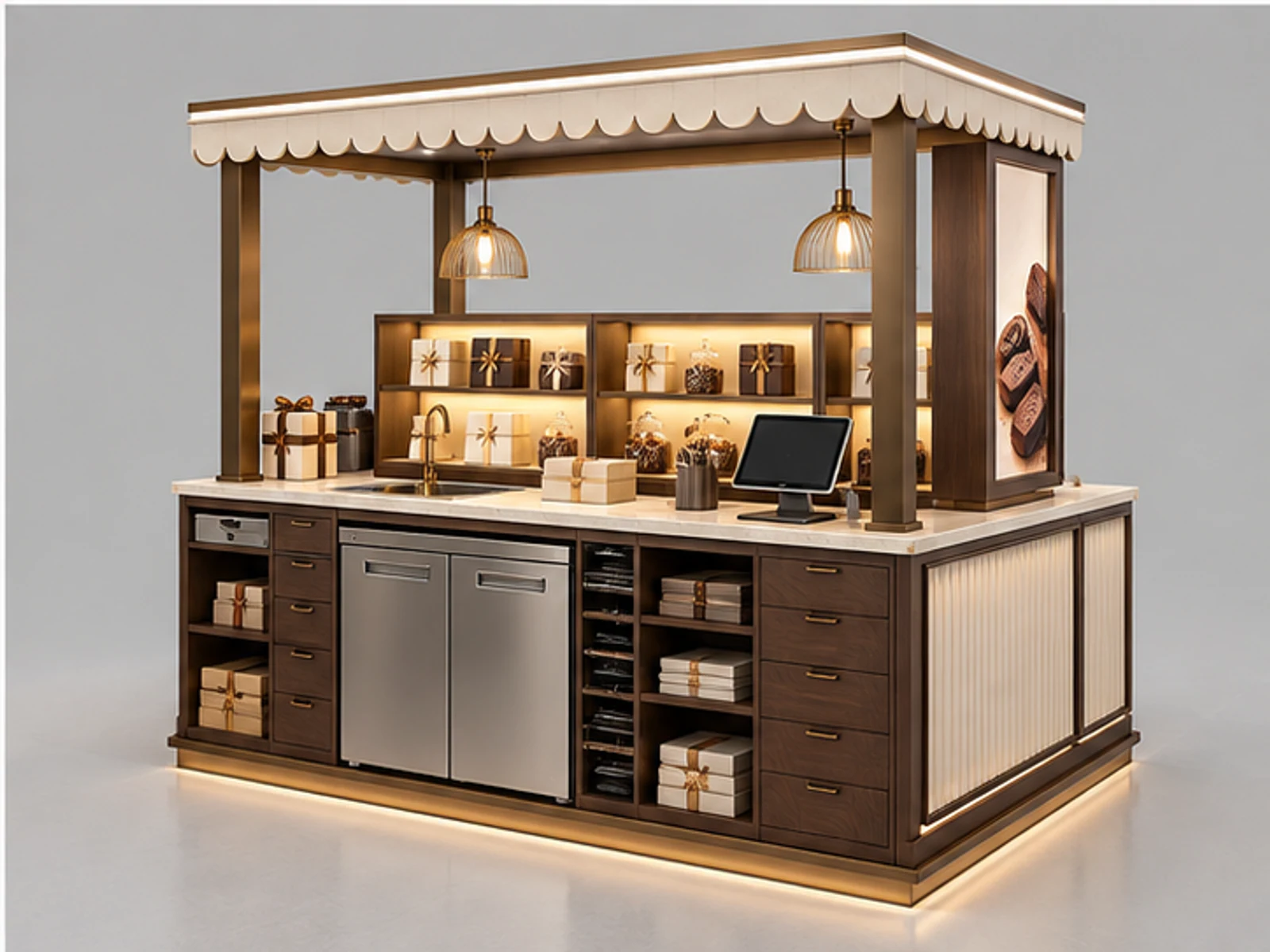 Sweet and Chocolate Kiosk with Gift Showcase staff-side equipment and storage layout