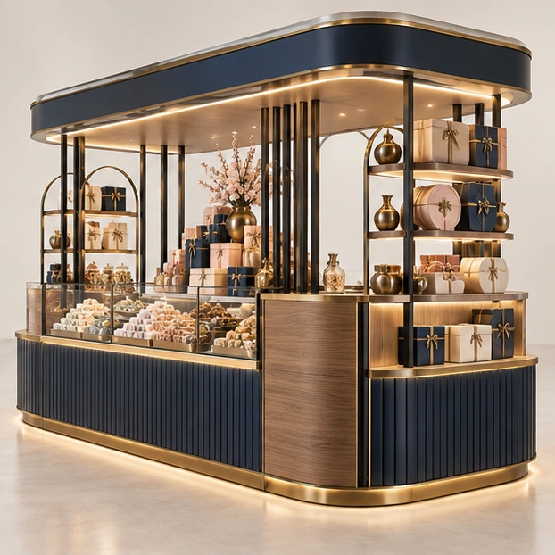 Turkish Delight Sweet Kiosk with Tiered Gift Display opposite angle showing its complete footprint and display layout