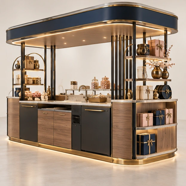 Turkish Delight Sweet Kiosk with Tiered Gift Display operator-side equipment, access, and storage view