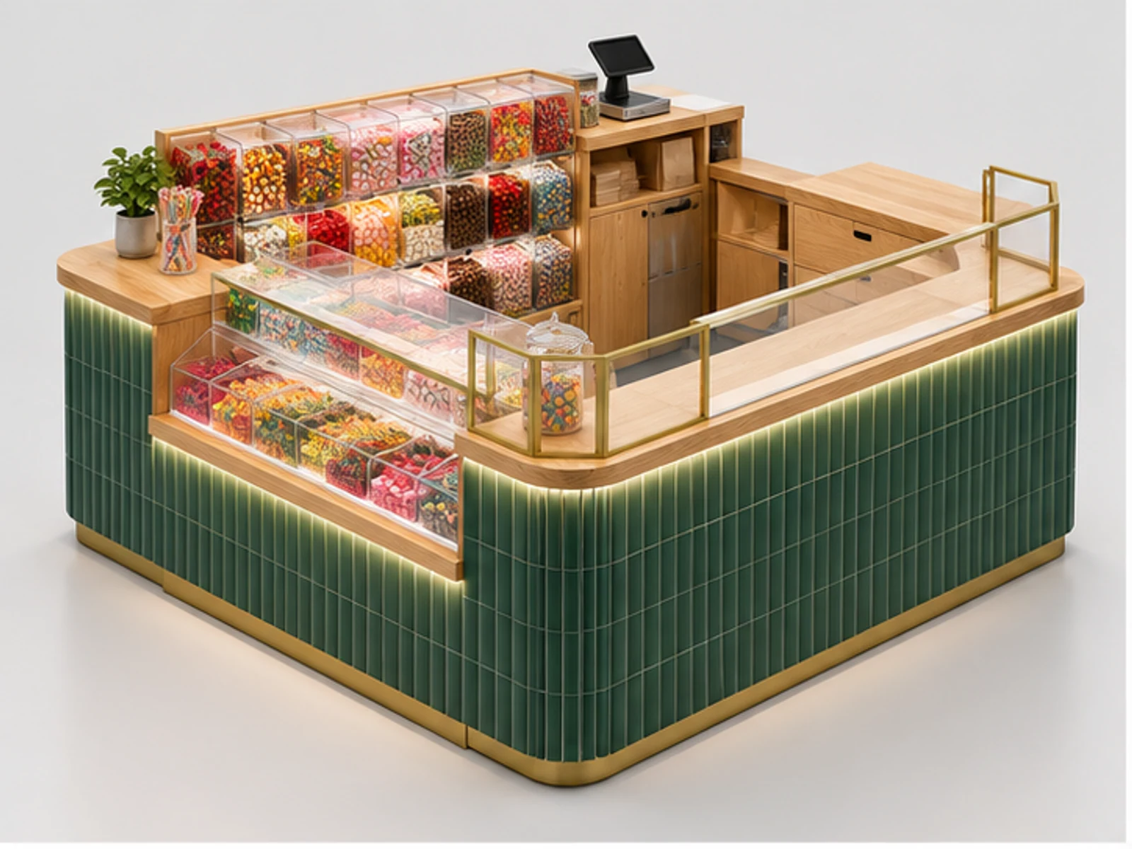 Wood Sweet Shop Kiosk with Bulk Candy Shelves main three-quarter product view