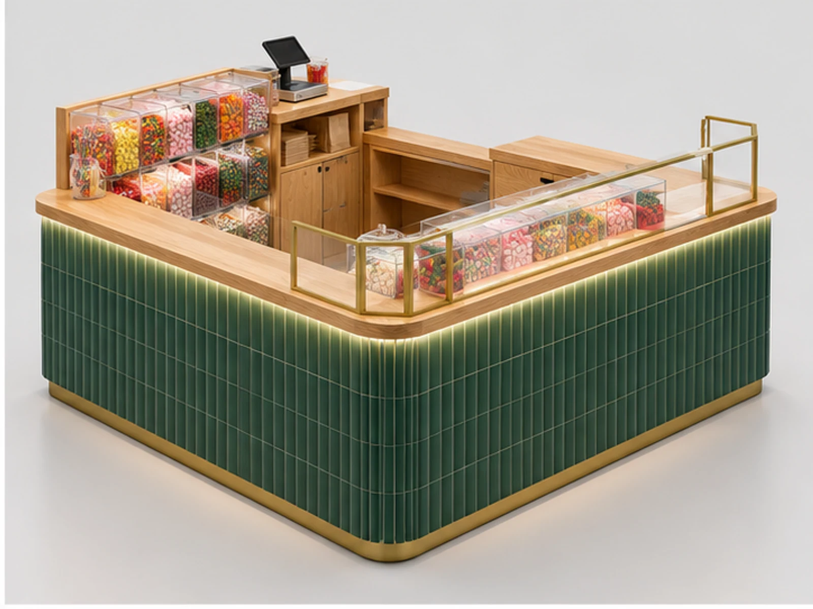 Wood Sweet Shop Kiosk with Bulk Candy Shelves opposite angle showing overall kiosk layout