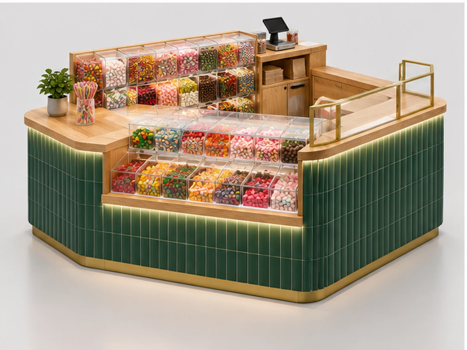 Wood Sweet Shop Kiosk with Bulk Candy Shelves customer-facing display and service counter