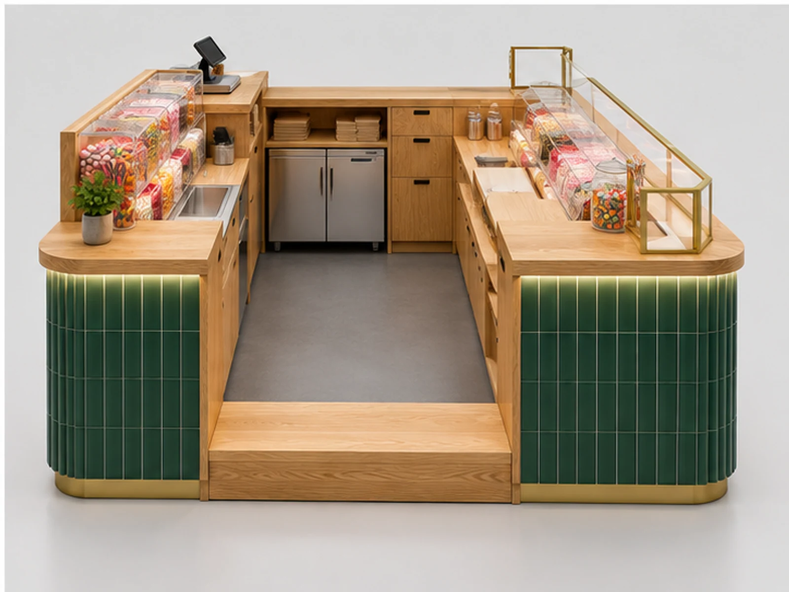 Wood Sweet Shop Kiosk with Bulk Candy Shelves staff-side equipment and storage layout