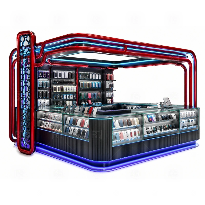 Accessories Display Cell Phone Kiosk with Glass Showcase with an accessory-focused kiosk with dense wall merchandising, glass counter protection, and quick-browse front shelves shown in the accessories display cell phone kiosk with glass showcase product photos for mobile accessory retail and small electronics display