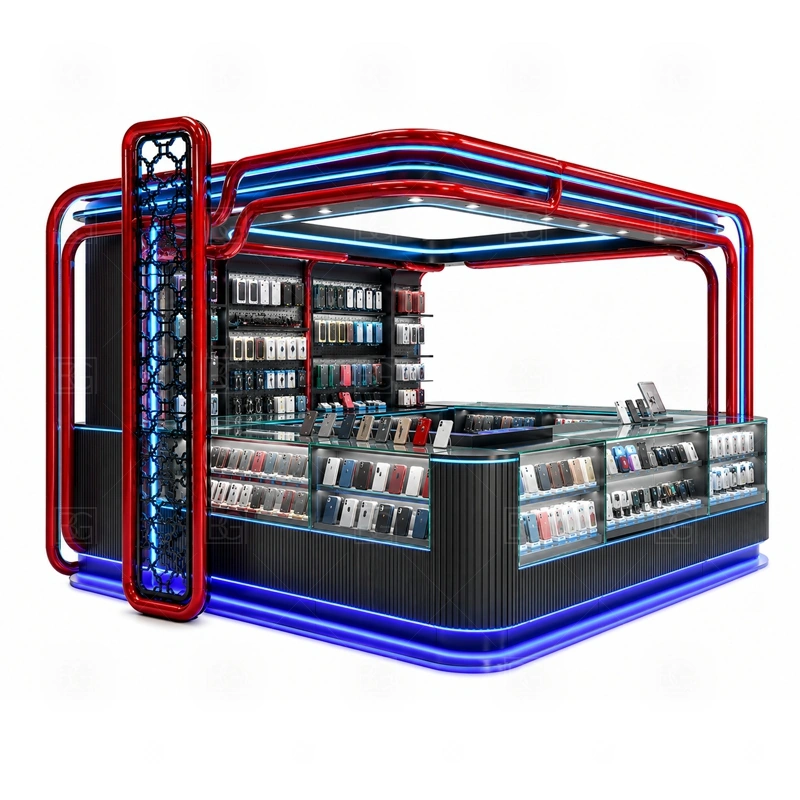 Accessories Display Cell Phone Kiosk with Glass Showcase display detail for lockable tempered glass showcases for phones, boxed accessories, and featured products shown in the accessories display cell phone kiosk with glass showcase product photos; the product photos also emphasize tempered glass showcases and visible accessory display zones