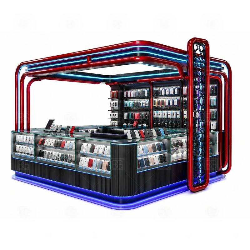 Accessories Display Cell Phone Kiosk with Glass Showcase service area for quick product selection, checkout, packaging, and replenishment during walk-by traffic shown in the accessories display cell phone kiosk with glass showcase product photos; the kiosk can follow repair service counter, device handoff area, and lockable tool storage