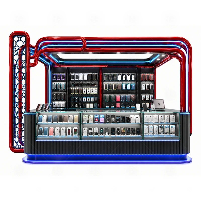 Accessories Display Cell Phone Kiosk with Glass Showcase signage detail with clean category signs and logo panels that keep shopper attention on the accessory wall shown in the accessories display cell phone kiosk with glass showcase product photos; this page also uses custom logo signage and brand color presentation
