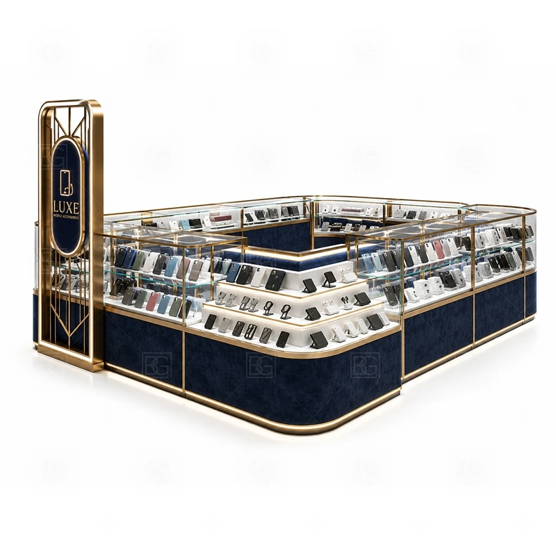 Accessories Display Phone Accessories Kiosk Manufacturer with an accessory-focused kiosk with dense wall merchandising, glass counter protection, and quick-browse front shelves shown in the accessories display phone accessories kiosk manufacturer product photos for mobile accessory retail and small electronics display