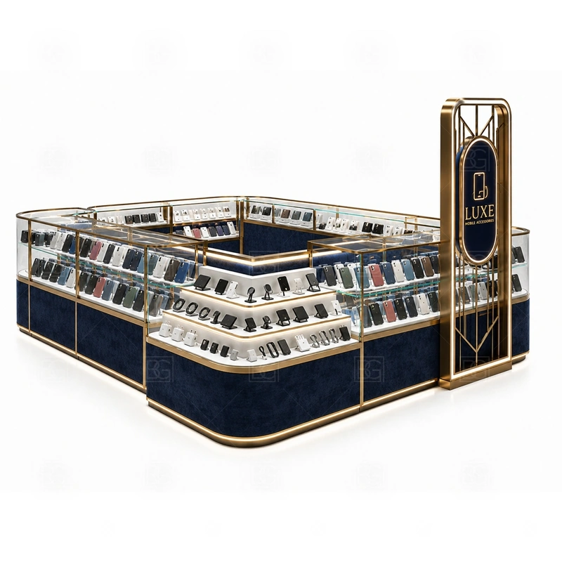 Accessories Display Phone Accessories Kiosk Manufacturer showing a front browsing zone supported by staff-side drawers and fast restocking access shown in the accessories display phone accessories kiosk manufacturer product photos, with clear customer approach from the main mall walkway and quick staff access from the rear