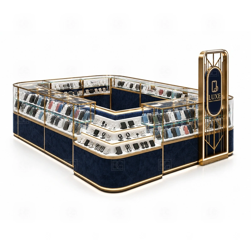 Accessories Display Phone Accessories Kiosk Manufacturer display detail for model-based phone case rows, charger groups, screen protector trays, and small electronics shelves shown in the accessories display phone accessories kiosk manufacturer product photos; the product photos also emphasize tempered glass showcases and visible accessory display zones