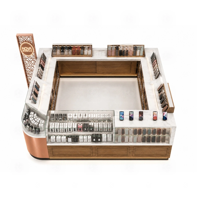 Accessories Display Phone Repair Kiosk with Repair Counter storage detail for divided lower cabinets for high-turnover cases, cables, protectors, and spare display stock shown in the accessories display phone repair kiosk with repair counter product photos, with clear customer approach from the main mall walkway and quick staff access from the rear