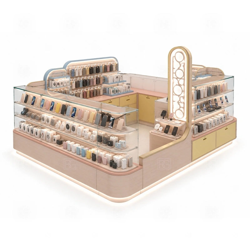 Accessories Display Retail Phone Kiosk for Shopping Mall with an accessory-focused kiosk with dense wall merchandising, glass counter protection, and quick-browse front shelves shown in the accessories display retail phone kiosk for shopping mall product photos for mobile accessory retail and small electronics display