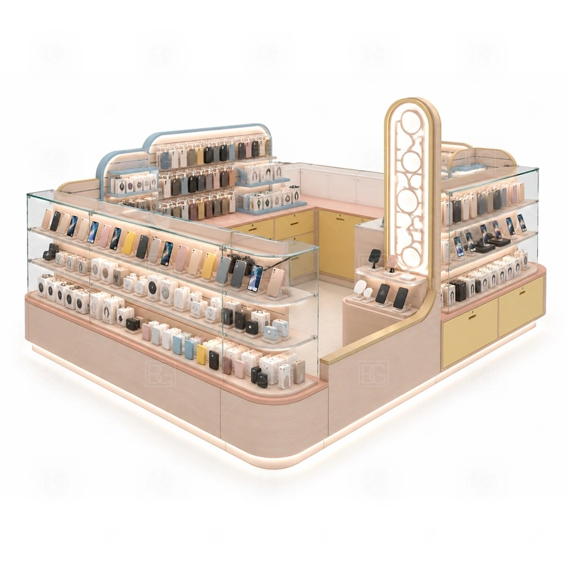 Accessories Display Retail Phone Kiosk for Shopping Mall showing a front browsing zone supported by staff-side drawers and fast restocking access shown in the accessories display retail phone kiosk for shopping mall product photos, with a layout that can be checked against lease drawings before production begins