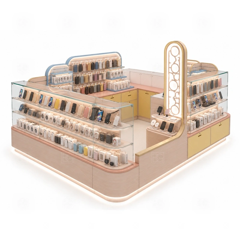 Accessories Display Retail Phone Kiosk for Shopping Mall display detail for model-based phone case rows, charger groups, screen protector trays, and small electronics shelves shown in the accessories display retail phone kiosk for shopping mall product photos; the product photos also emphasize phone accessory displays, glass counters, and small product shelving