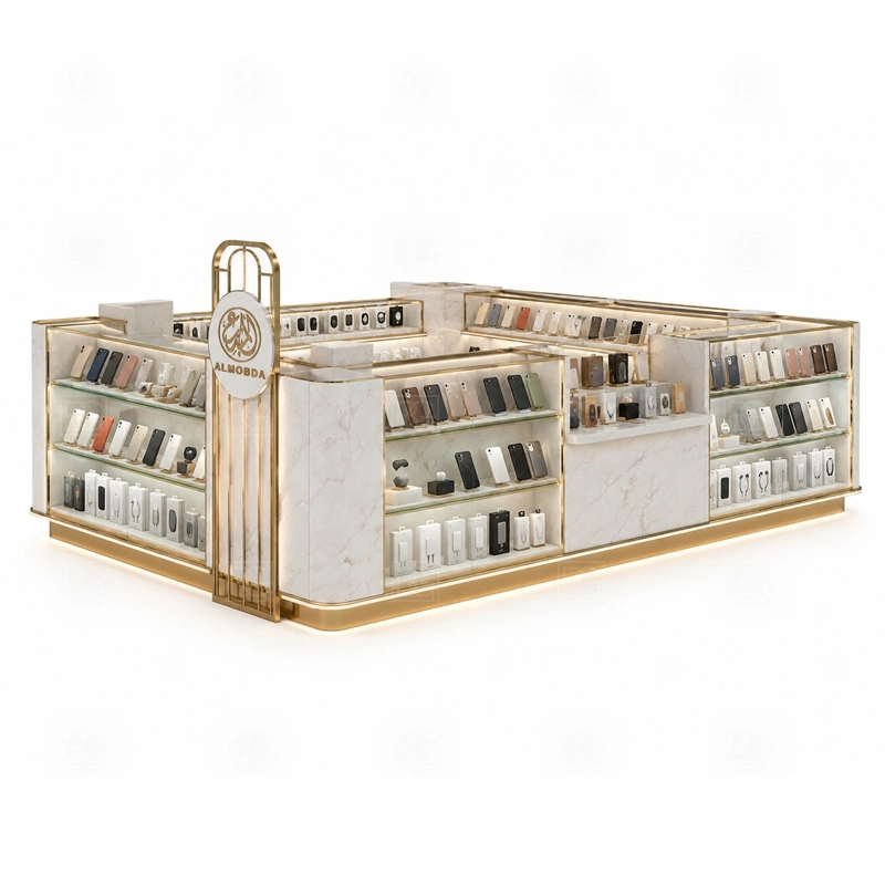 Accessories Display Shopping Mall Phone Kiosk with LED Signage with an accessory-focused kiosk with dense wall merchandising, glass counter protection, and quick-browse front shelves shown in the accessories display shopping mall phone kiosk with led signage product photos for mobile accessory retail and small electronics display