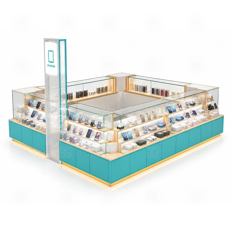 Brand Display Cell Phone Display Counter Manufacturer with a brand-led phone kiosk with stronger logo surfaces, coordinated front panels, and organized display counters shown in the brand display cell phone display counter manufacturer product photos for counter-based phone display and checkout