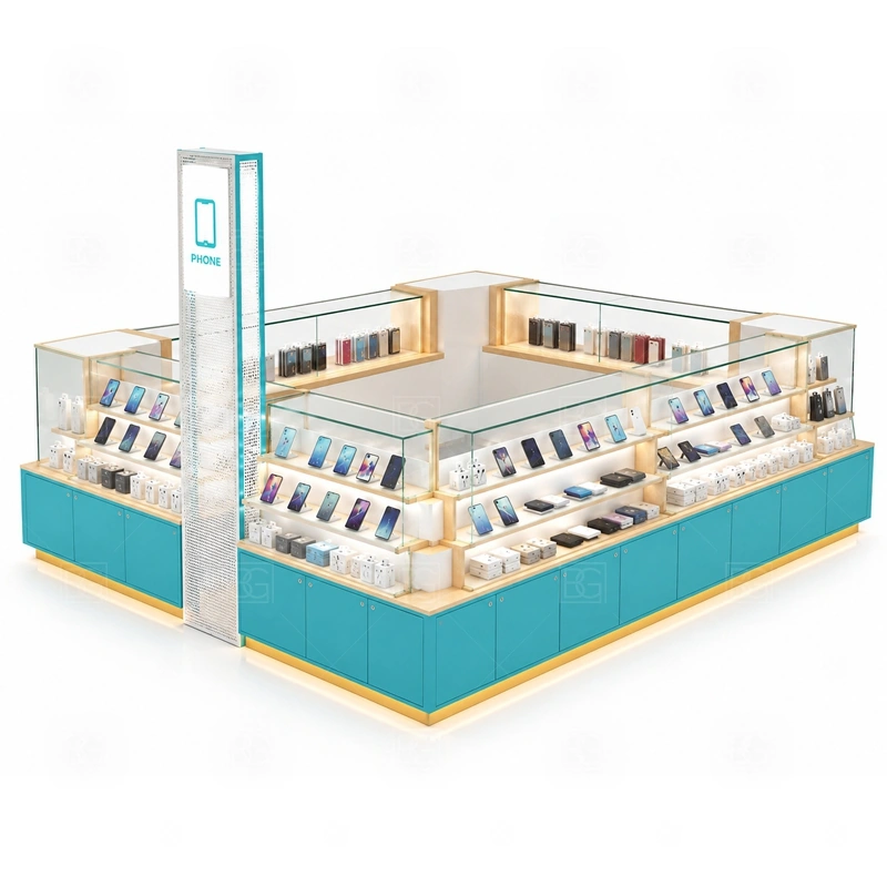 Brand Display Cell Phone Display Counter Manufacturer showing counter-based selling with front customer display and a practical staff-side checkout route shown in the brand display cell phone display counter manufacturer product photos, with a layout that can be checked against lease drawings before production begins