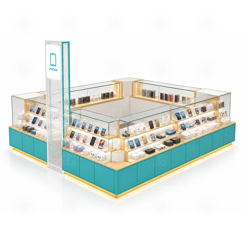 Brand Display Cell Phone Display Counter Manufacturer display detail for hero products, best-selling accessories, and lockable showcase items arranged around the brand message shown in the brand display cell phone display counter manufacturer product photos; the product photos also emphasize phone accessory displays, glass counters, and small product shelving
