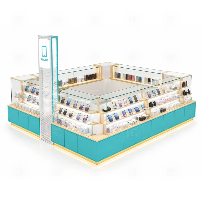 Brand Display Cell Phone Display Counter Manufacturer service area for guided selling, product recommendation, payment, and handoff without hiding the front branding shown in the brand display cell phone display counter manufacturer product photos; the kiosk can follow repair service counter, device handoff area, and lockable tool storage